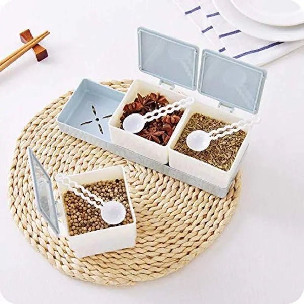 3 Grid Spices Storage Box With Spoon