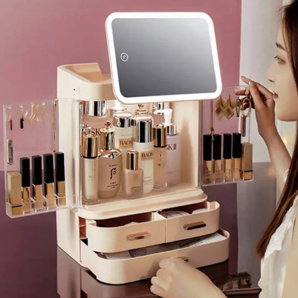 Cosmetic Storage Makeup Box With Led Light Mirror