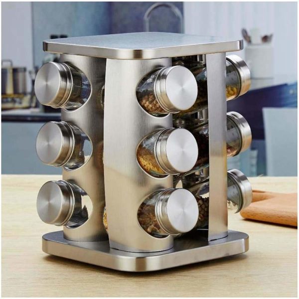 Stainless Steel 12 Pcs Jars Rotating Spice Jar Rack Set Seasoning Stan ...